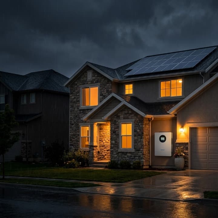 Inversor solar híbrido residencial SNADI y sistema de almacenamiento de batería que proporciona energía de respaldo a una casa moderna durante una tormenta nocturna.