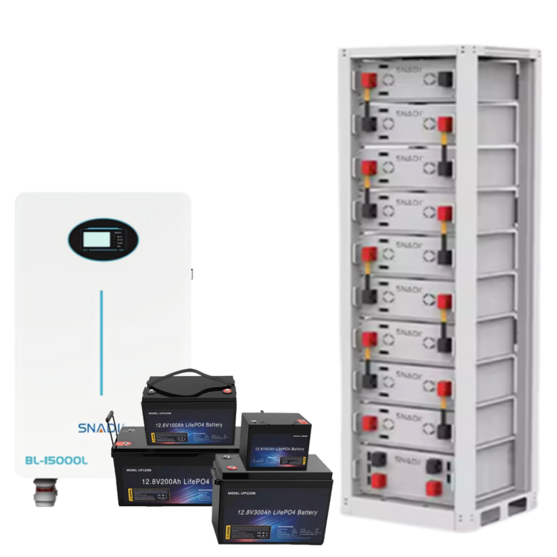 Colección de baterías solares SNADI LiFePO4 que incluye el sistema de almacenamiento de energía de pared BL-15000L, paquetes de baterías de litio de 12,8 V 100 Ah/200 Ah/300 Ah y módulos de batería montados en bastidor de alta capacidad.