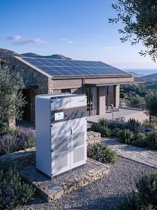 En primer plano se encuentra un gran gabinete del sistema de baterías de almacenamiento de energía solar SNADI, con una moderna casa costera fuera de la red eléctrica con paneles solares en la azotea y lechos de lavanda al fondo, con vistas al mar.