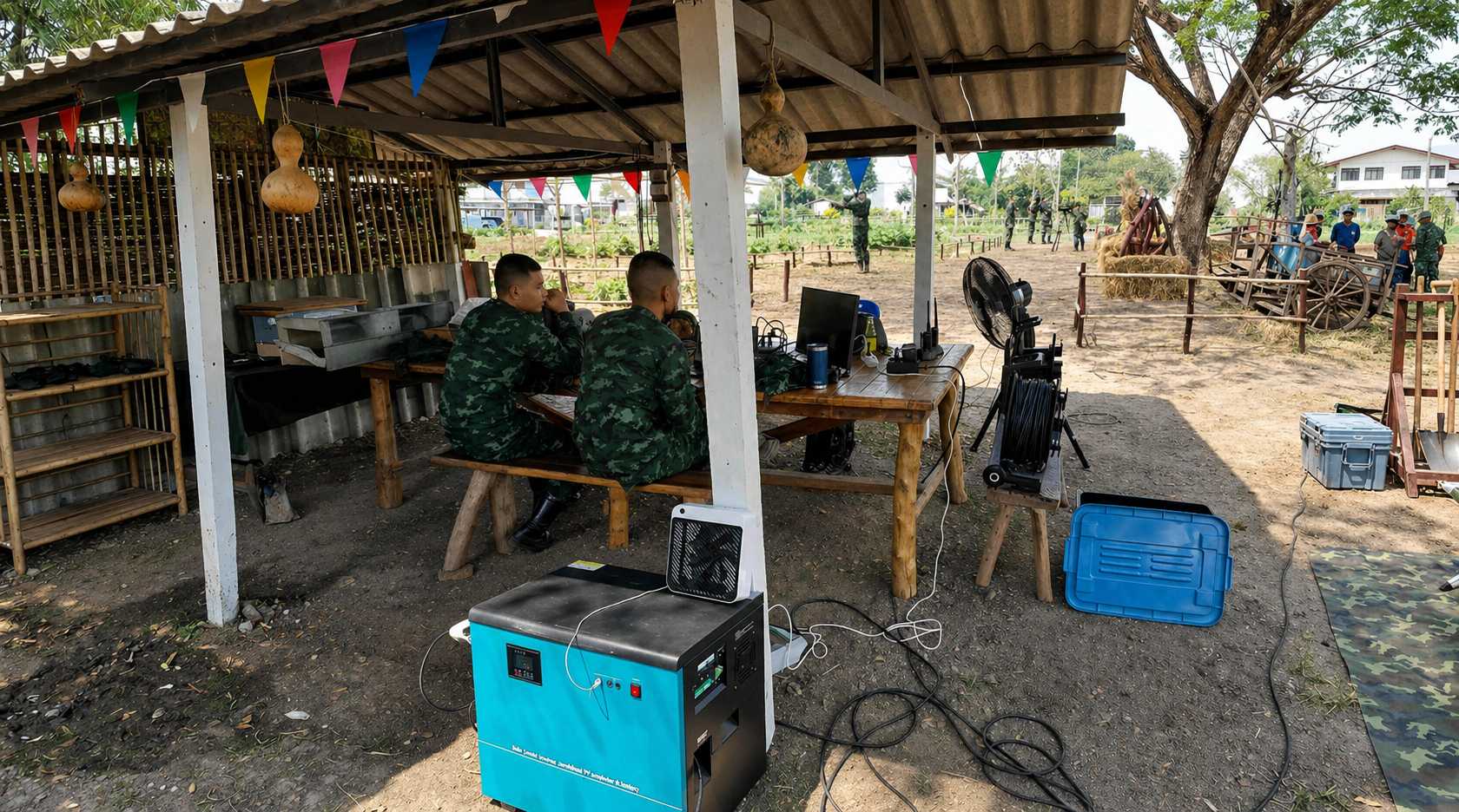 Sistema portátil de almacenamiento de energía solar fuera de la red que proporciona energía a un campamento remoto al aire libre en Chiang Ma