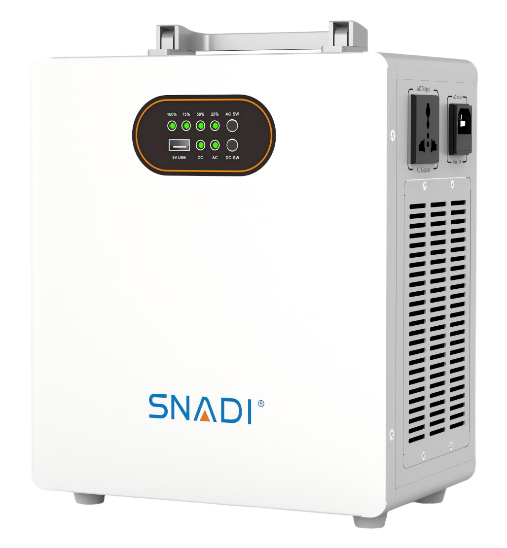 Fuente de alimentación portátil de almacenamiento de energía serie SNADI MS | Generador solar compacto de litio blanco con toma de CA y puerto de carga USB.