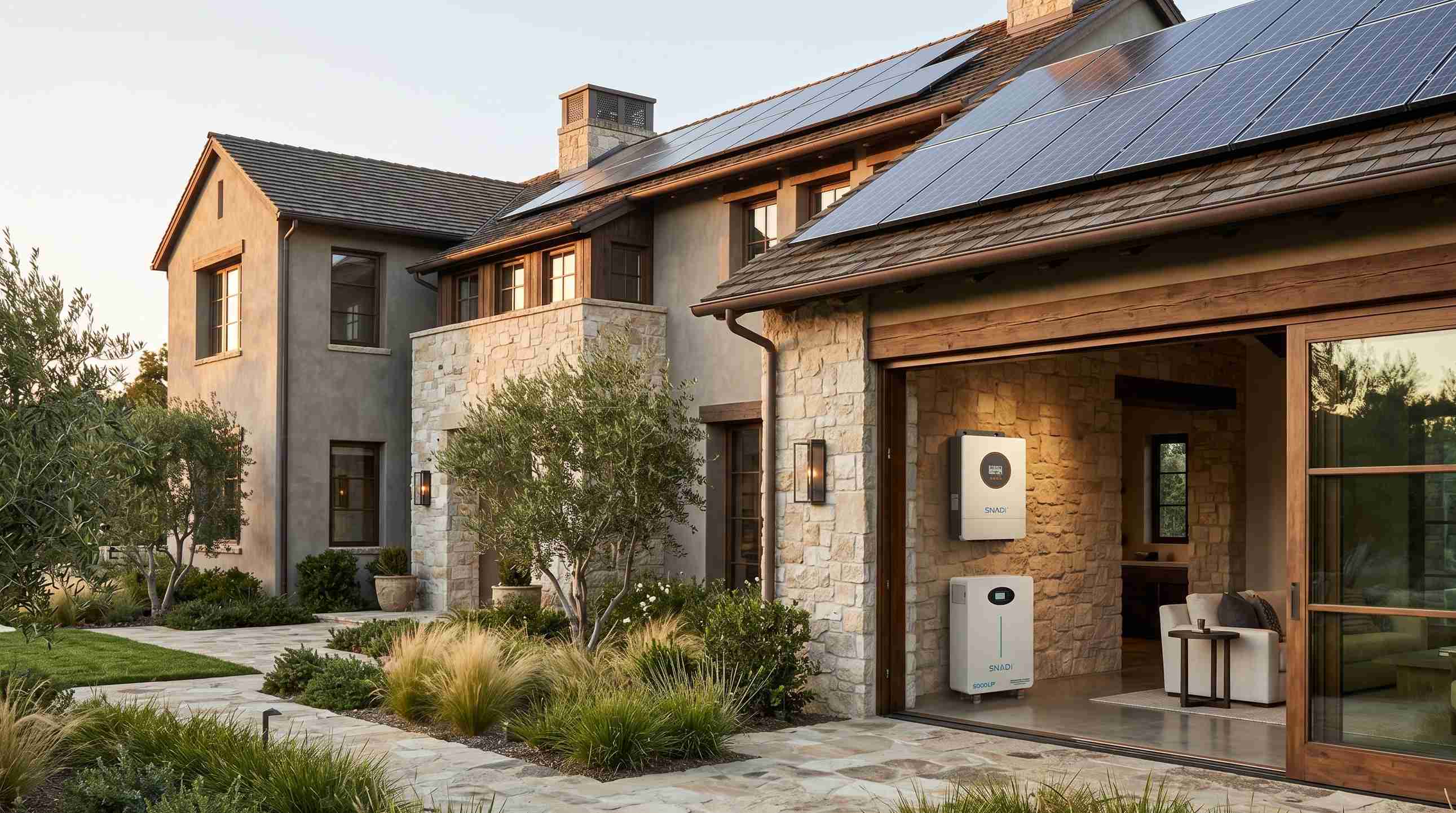 Inversor híbrido SNADI de 10 kW ES y sistema de almacenamiento de batería de litio de 32 kWh instalado en una villa de lujo para respaldo de energía las 24 horas, los 7 días de la semana.