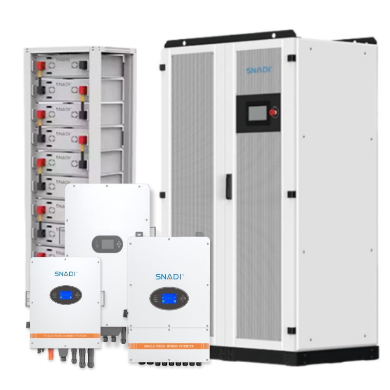 Sistema de almacenamiento de energía comercial modular y apilable SNADI que incluye inversores híbridos y bastidores de baterías de litio de alta capacidad para energía empresarial escalable.