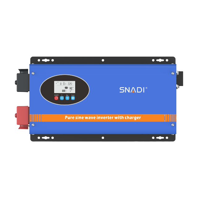 Front view of SNADI FT series inverter showing the user-friendly LCD control panel and pure sine wave charger status indicators.