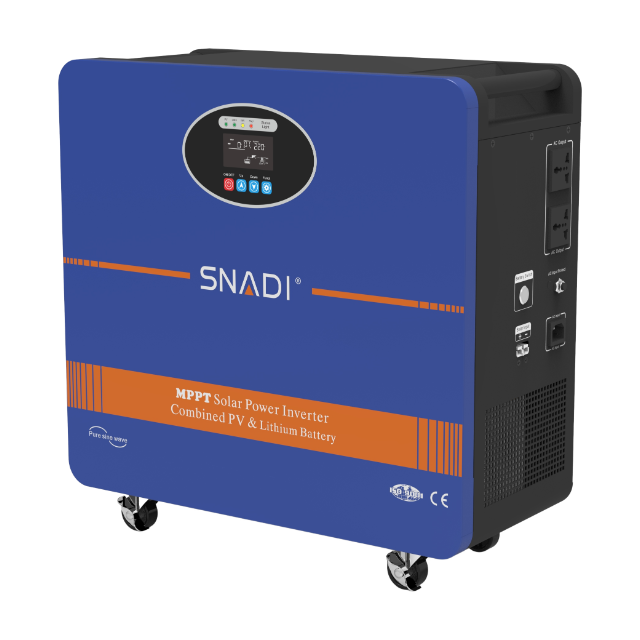 Vista frontal en ángulo del sistema AL-S 2200W que destaca la pantalla LCD, los puertos de salida USB de 5 VCC y 12 VCC.