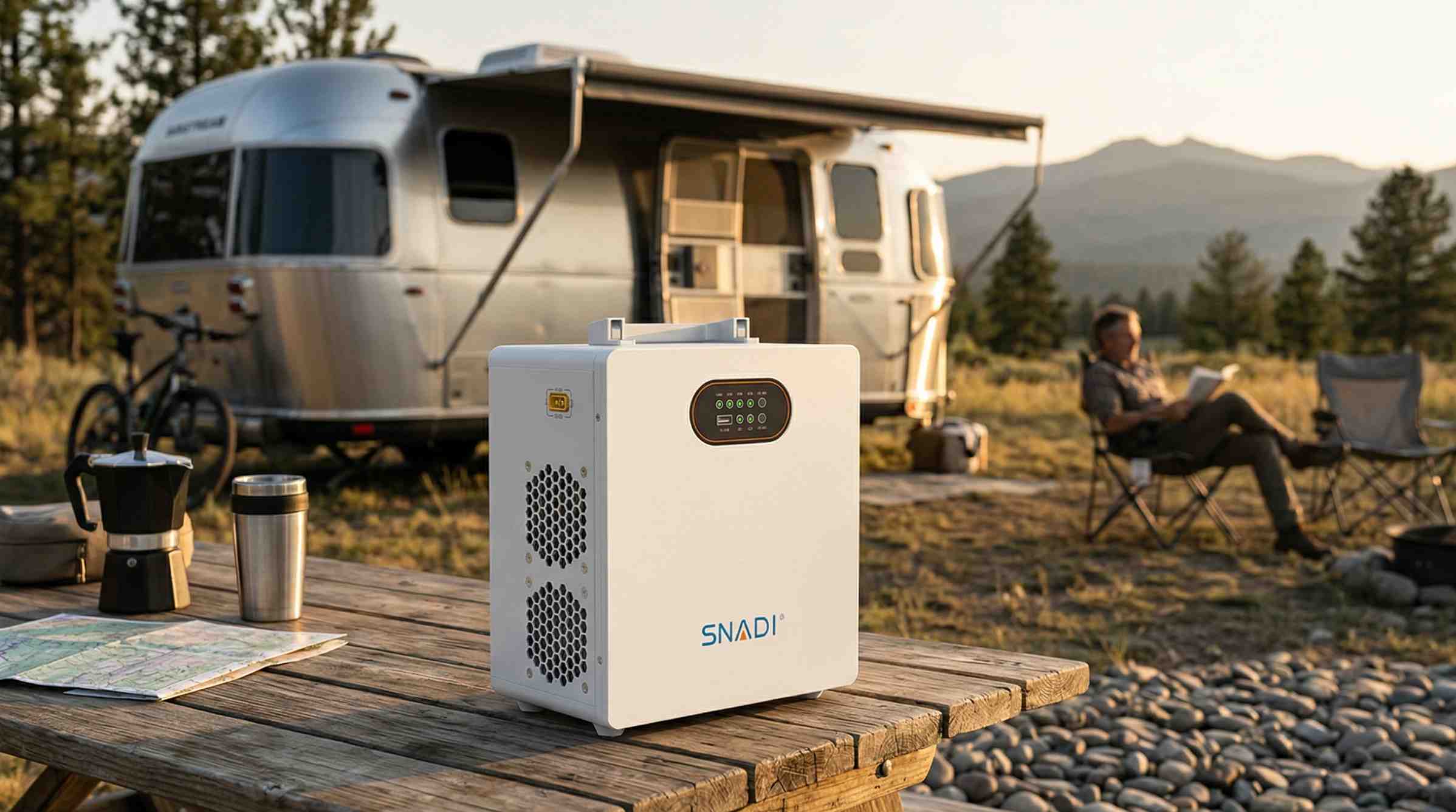 Central eléctrica portátil SNADI sobre una mesa de picnic de madera en un pintoresco campamento para vehículos recreativos, que proporciona energía fuera de la red para aventuras al aire libre.
