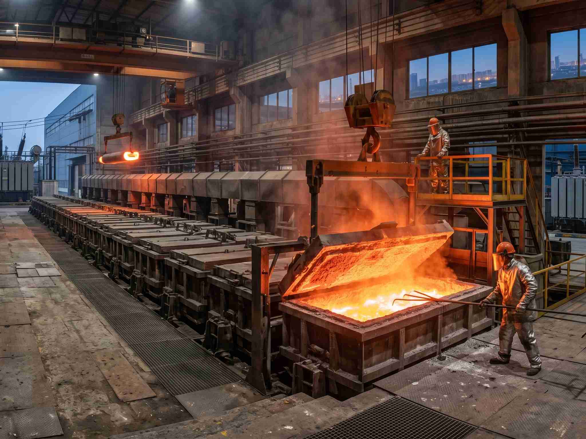 Planta de producción industrial de alto consumo de energía con horno de fundición, que ilustra un escenario de aplicación principal para sistemas comerciales de almacenamiento de energía en baterías para optimizar los costos de carga máxima.