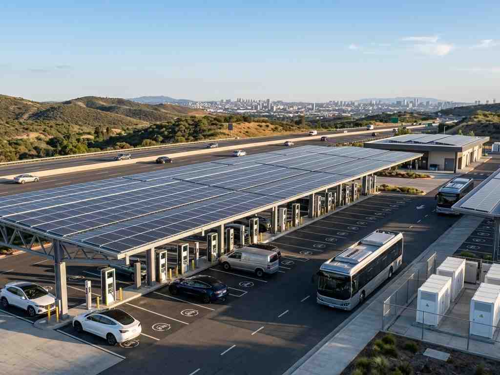 Una vista aérea de una estación de carga para vehículos eléctricos comercial integrada con energía solar y almacenamiento. Un gran dosel de paneles solares cubre múltiples puertos de carga con vehículos eléctricos cargando, junto a un área cercada que alberga un banco de gabinetes blancos con sistemas de almacenamiento de energía comercial.