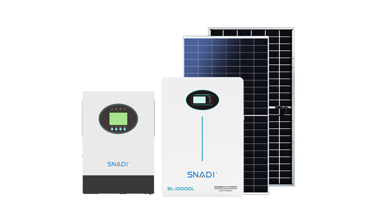 Solución de almacenamiento solar residencial SNADI que incluye paneles fotovoltaicos, inversor híbrido y batería de litio.