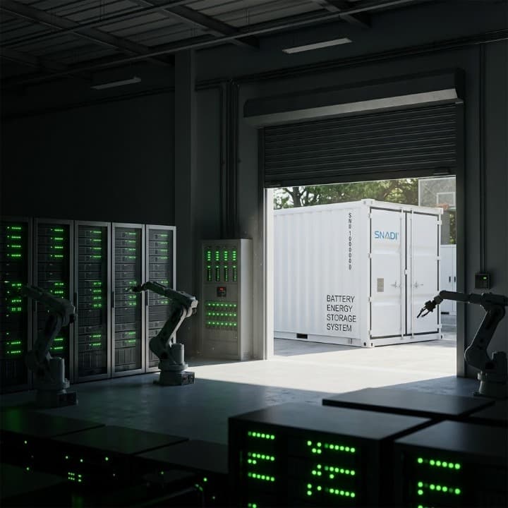 SNADI SNAT Sistema de almacenamiento de energía de batería en contenedores (BESS) solar que proporciona energía de respaldo ininterrumpida a un centro de datos moderno y una instalación industrial durante un corte de energía.