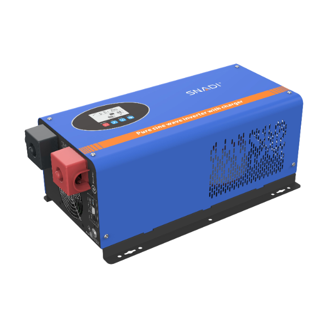 Right perspective view of SNADI FT series low frequency inverter showing the DC terminal connections and intelligent LCD display.