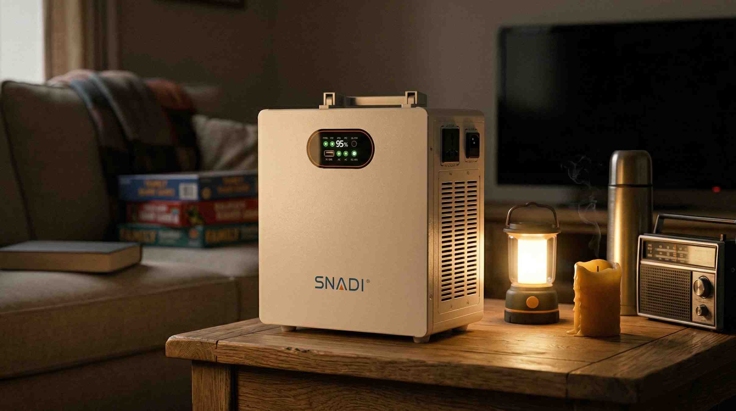 Central eléctrica portátil SNADI sobre una mesa de madera que proporciona energía de respaldo durante un corte de energía en el hogar, presentando una cálida escena de iluminación de emergencia.