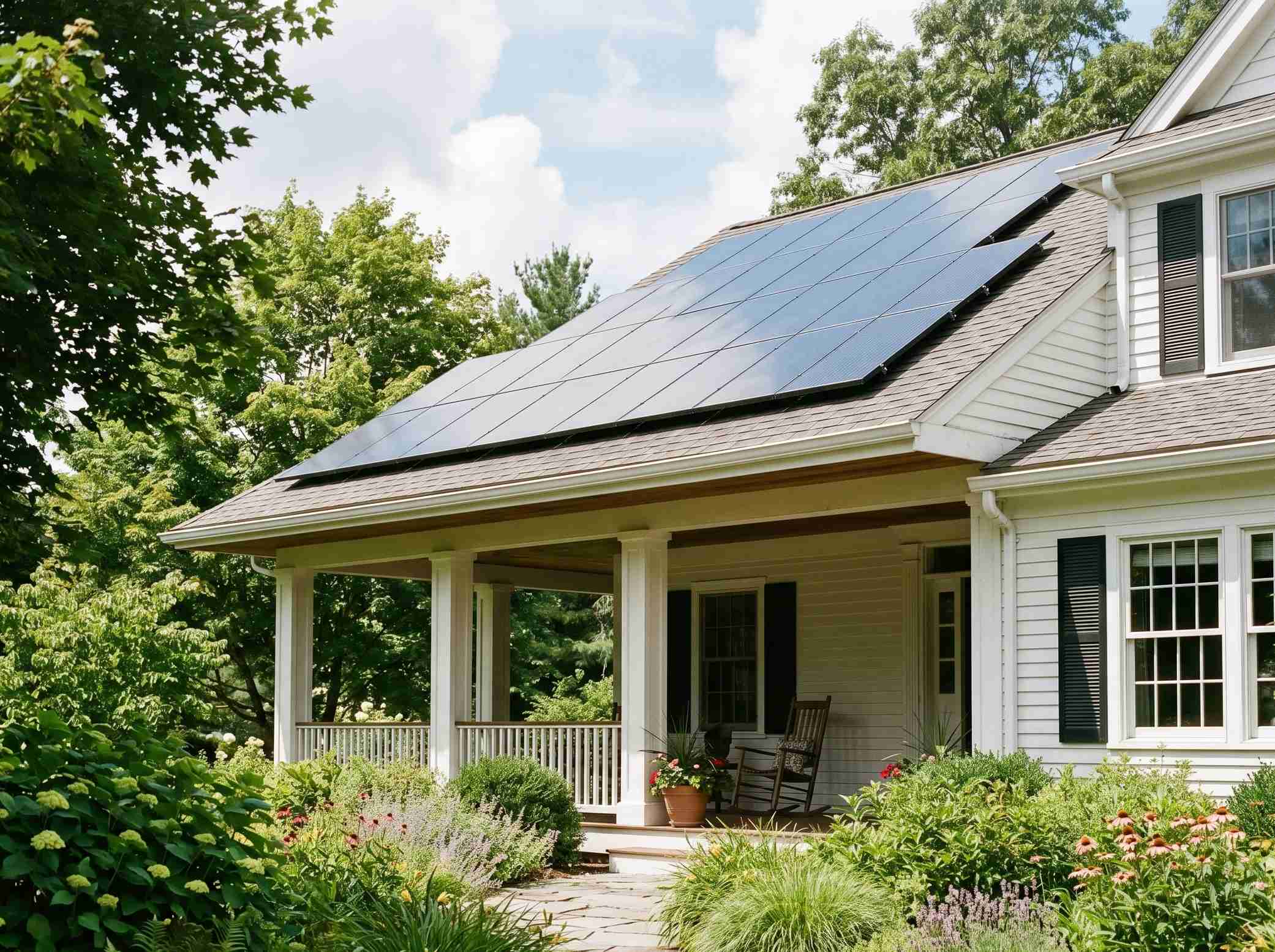 Un gran dosel moderno y oscuro con un conjunto de paneles solares integrados en una casa de montaña de lujo para almacenamiento de energía residencial.