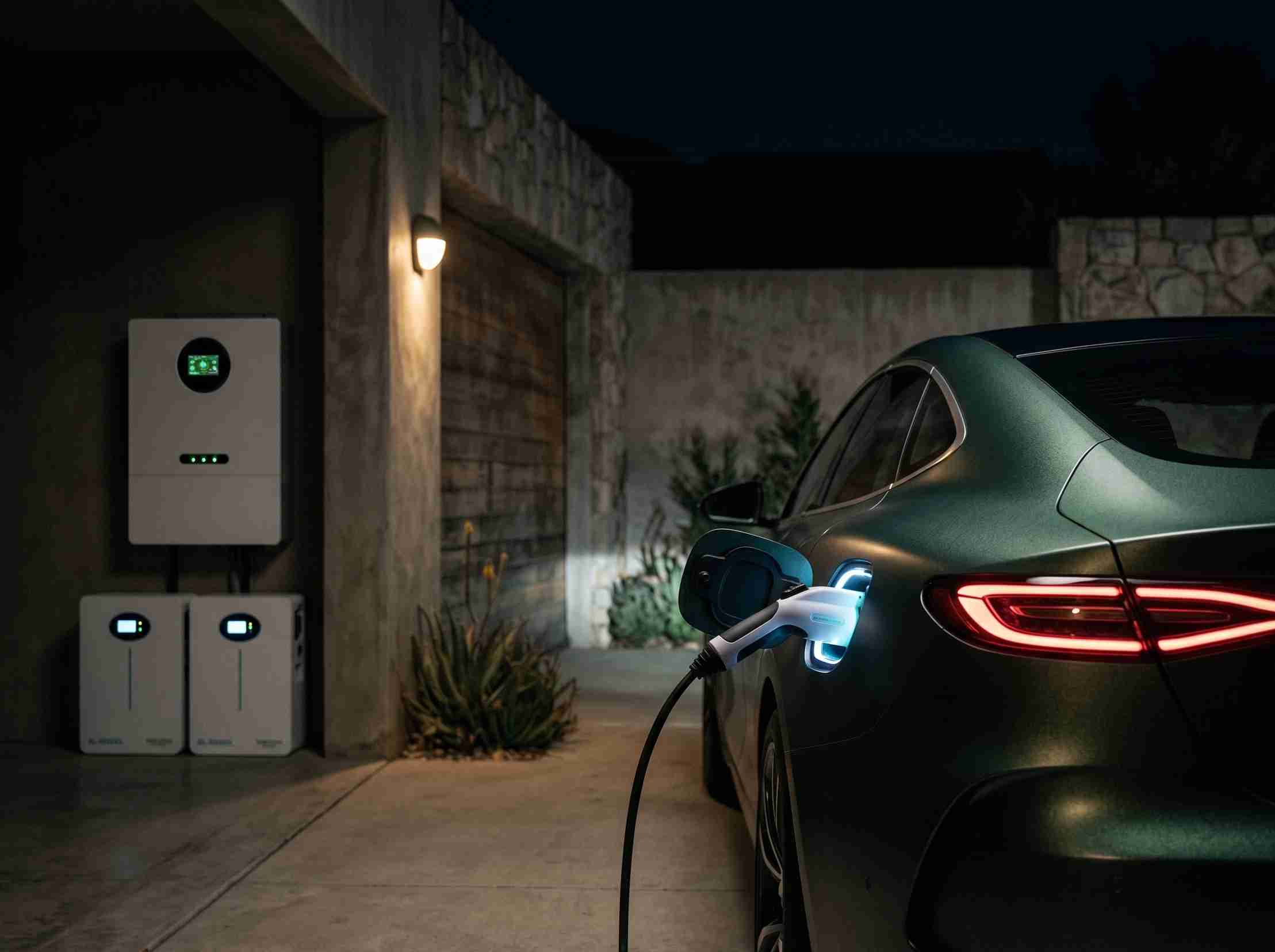Un vehículo eléctrico (EV) de color verde oscuro cargándose en una casa moderna con un sistema de almacenamiento de energía residencial SNADI montado en la pared. La pantalla LCD iluminada en verde muestra los datos del sistema.