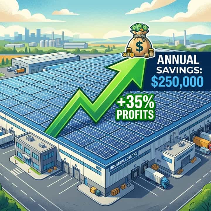 Infografía de la solución solar para tejados comerciales e industriales de SNADI SNAT Solar que muestra un ahorro anual de 250 000 dólares y un aumento del 35 % en las ganancias para un centro de logística industrial.