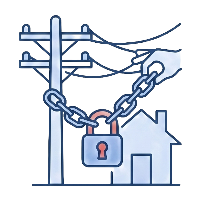 Una casa encadenada a un poste de luz con un gran candado, que simboliza la falta de control sobre las fuentes de energía tradicionales y la libertad de la energía solar.