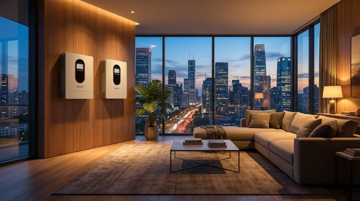 Inversores solares híbridos SNADI/SNAT instalados en un apartamento urbano moderno, que muestran una solución flexible de independencia energética dentro y fuera de la red para hogares residenciales inteligentes.