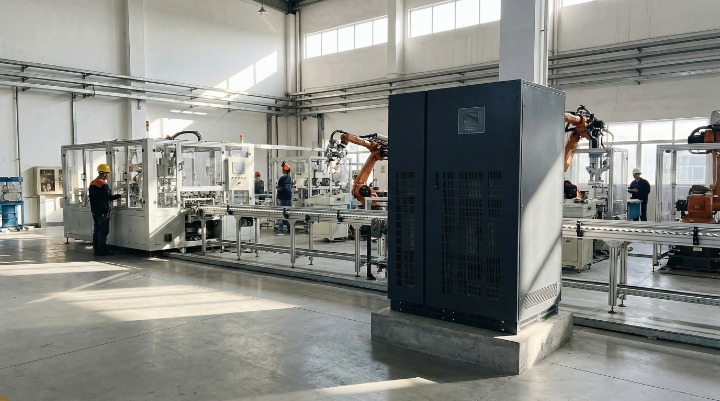 Inversor industrial trifásico SNADI serie TP de 80kW-200kW que actúa como una solución potente para líneas de fabricación automatizadas y maquinaria industrial en una fábrica moderna.