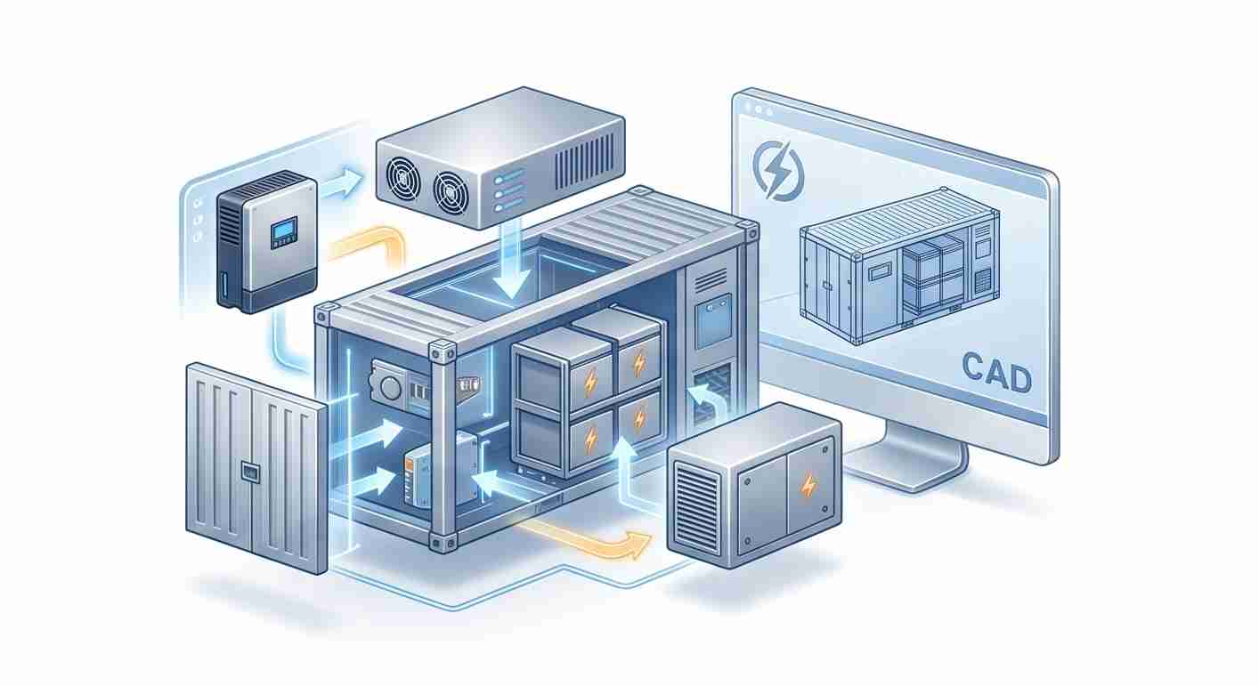 Diseño de ingeniería CAD 3D para un sistema de almacenamiento de energía en contenedores (ESS) personalizado.