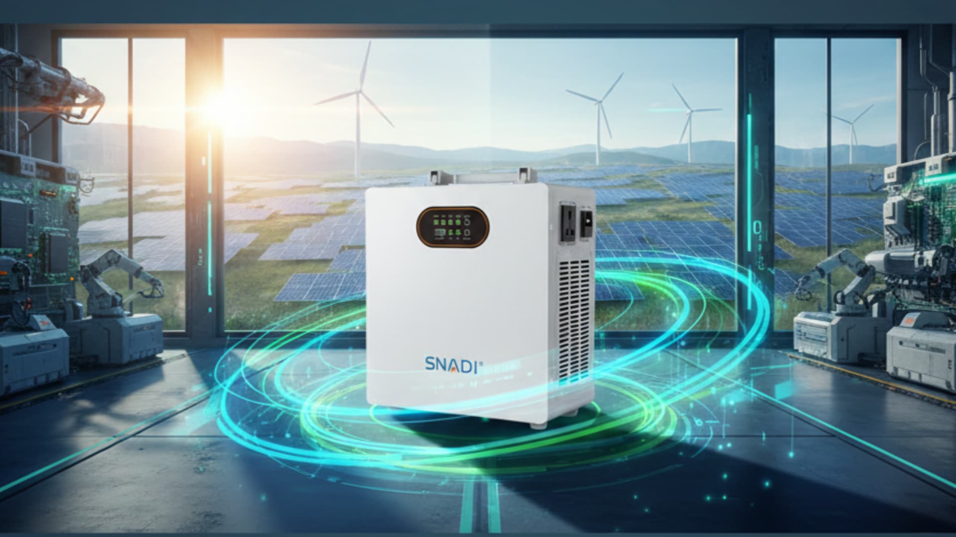 Fuente de alimentación de almacenamiento de energía portátil SNADI exhibida en un fondo de fábrica inteligente de alta tecnología con paneles solares, turbinas eólicas y brazos robóticos. 