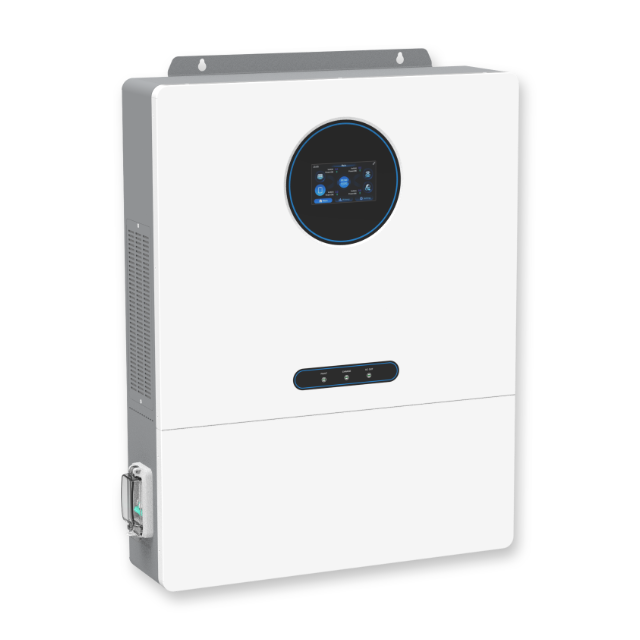 Perspective view of 7000W-12000W high-power residential hybrid inverter showing slim design and integrated dual MPPT solar charge controllers.