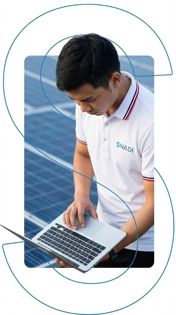 Un técnico del SNADI con un polo blanco con el logo de la empresa, usando una computadora portátil frente a paneles solares.