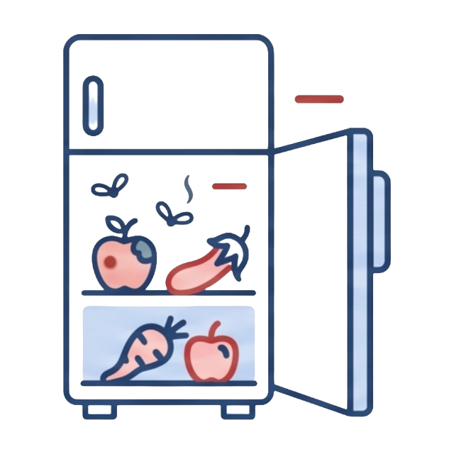 Ícono minimalista que muestra un refrigerador con comida en mal estado debido a un corte de energía, lo que representa la necesidad de respaldo solar.