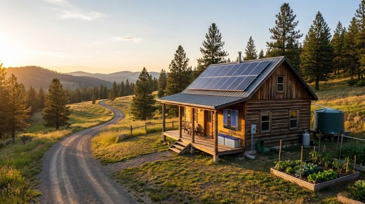 Inversor solar híbrido fuera de la red SNADI NKH de 5000 W instalado en una cabina de madera remota, que proporciona energía de alto rendimiento para viviendas fuera de la red y áreas con redes inestables.
