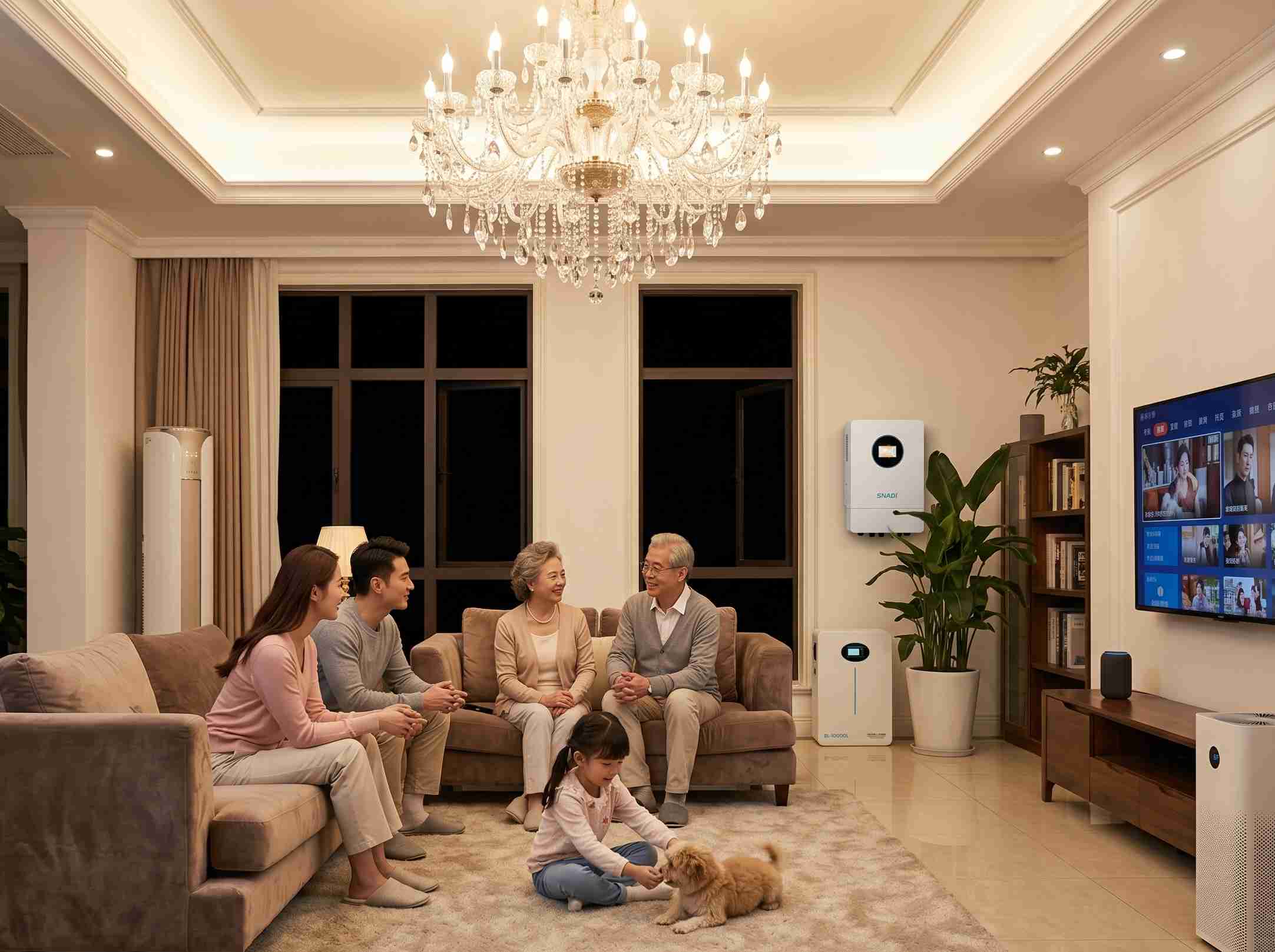 Una familia feliz se reúne en una sala de estar moderna, con un sistema de almacenamiento de energía residencial SNADI (batería doméstica) montado en la pared que garantiza energía continua. La escena muestra una gestión confiable de la energía doméstica y energía de respaldo para un hogar multigeneracional.
