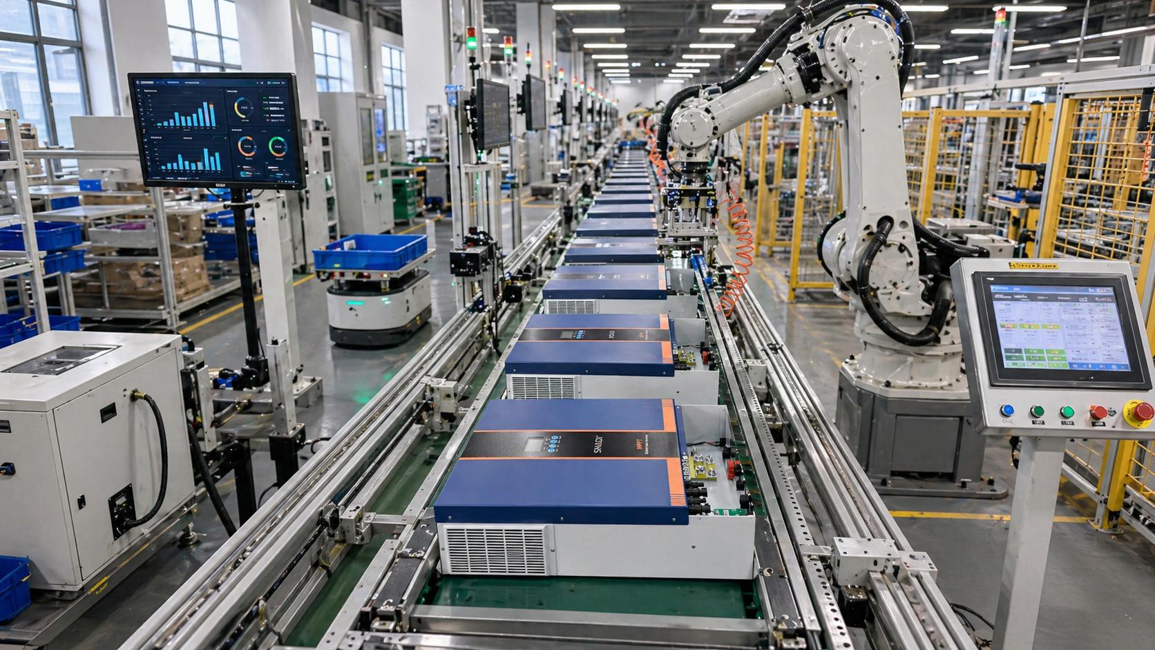 Línea de producción de fábrica inteligente automatizada que utiliza brazos robóticos para el ensamblaje de precisión de inversores solares y electrónica de potencia SNADI.