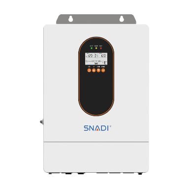 Vista del panel frontal del inversor solar híbrido dentro/fuera de la red SNADI serie AS, que muestra controles e interfaces para una gestión inteligente de la energía