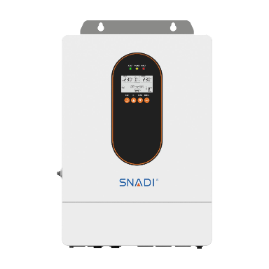 Vista frontal del inversor solar híbrido dentro/fuera de la red SNADI serie ES, que muestra su panel de visualización y terminales de conexión para un sistema versátil de almacenamiento solar más