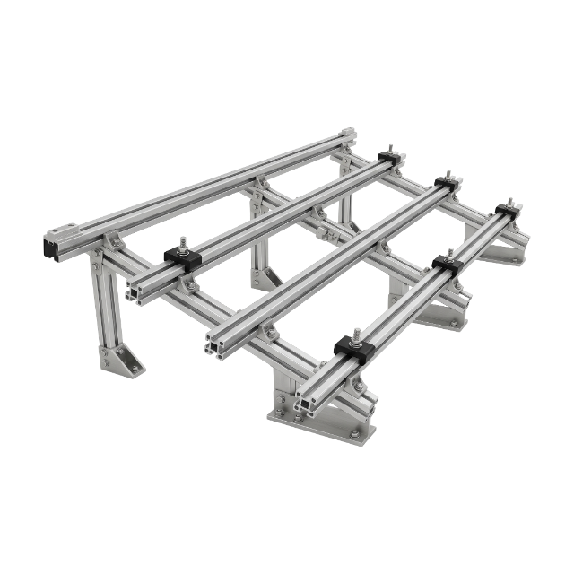 Representación 3D profesional de un sistema de montaje de paneles solares de aluminio en la azotea y una estructura de estanterías aisladas sobre un fondo blanco.