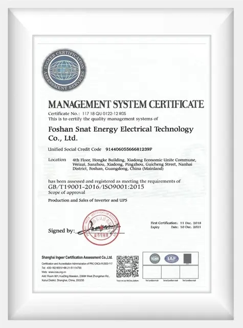Certificado del sistema de gestión de calidad ISO 9001:2015 para Foshan Snat Energy Electrical Technology Co., Ltd.
