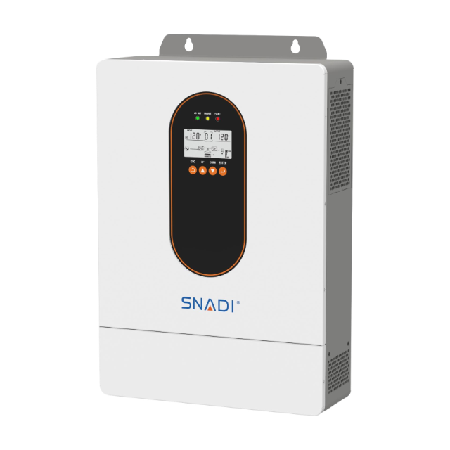 منظر بزاوية قائمة لعاكس SNADI AS بقدرة 3.6 كيلو وات يسلط الضوء على تصميمه المثبت على الحائط ووظيفة الشبكة المتوازية القابلة للتطوير