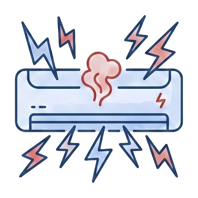 Ícono de un aire acondicionado dañado por chispas eléctricas y rayos, lo que representa los peligros del voltaje inestable de la red para los electrodomésticos.
