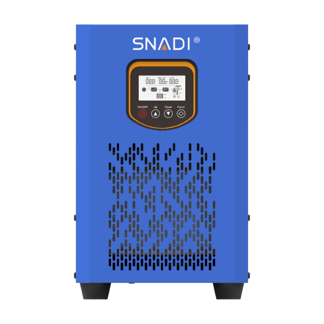 Front view of the SNADI FTB series low frequency inverter featuring a vertical tower design and a user friendly LCD control panel.