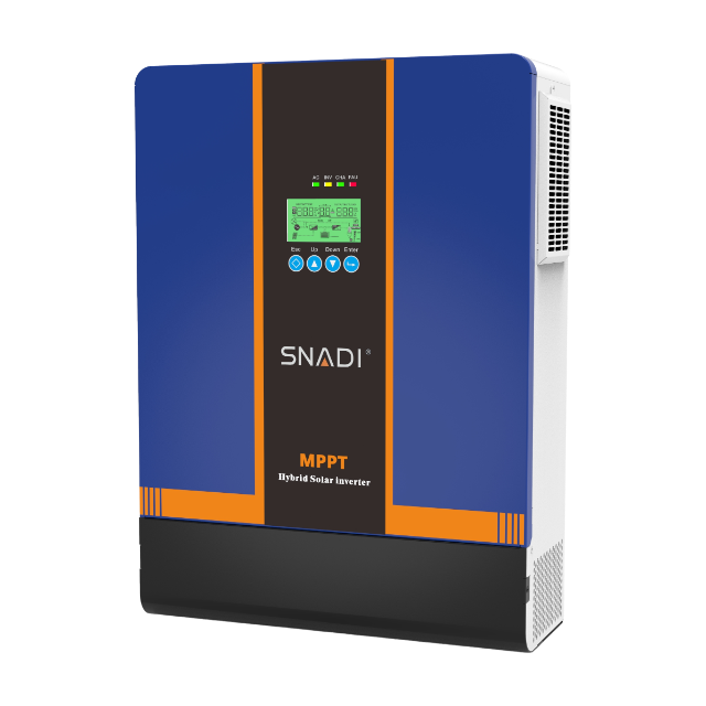 Vista lateral del inversor híbrido fuera de la red SNADI NKH de 3,6 kW que cuenta con rejillas de ventilación industriales y una robusta estructura de transformador de anillo.