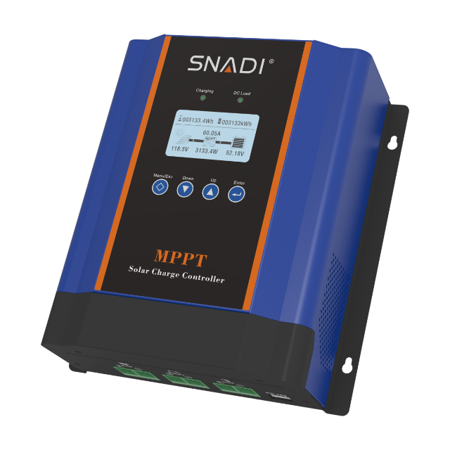 Perspectiva lateral del controlador solar MPPT 50A/60A de la serie SNADI CM que muestra el diseño robusto y la disipación de calor de alta eficiencia.