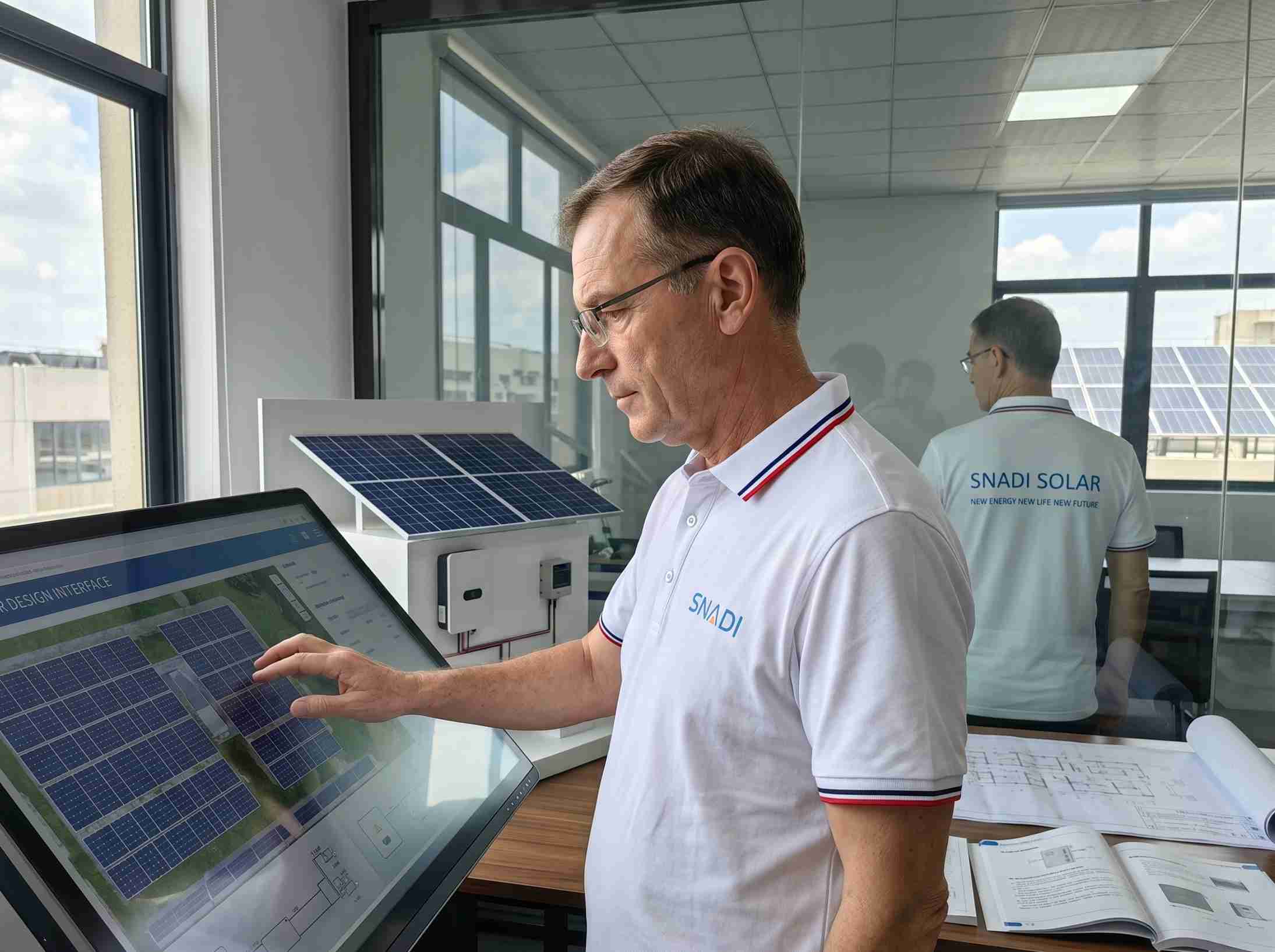 Un experto del SNADI utiliza una pantalla táctil para diseñar un sistema de almacenamiento de energía residencial, mostrando la disposición de un conjunto de paneles solares.