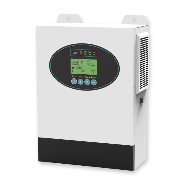 عرض منظور للعاكس الهجين NKH-1200 1.2KW المتوافق مع بطاريات LiFePO4 والوضع الخالي من البطارية.