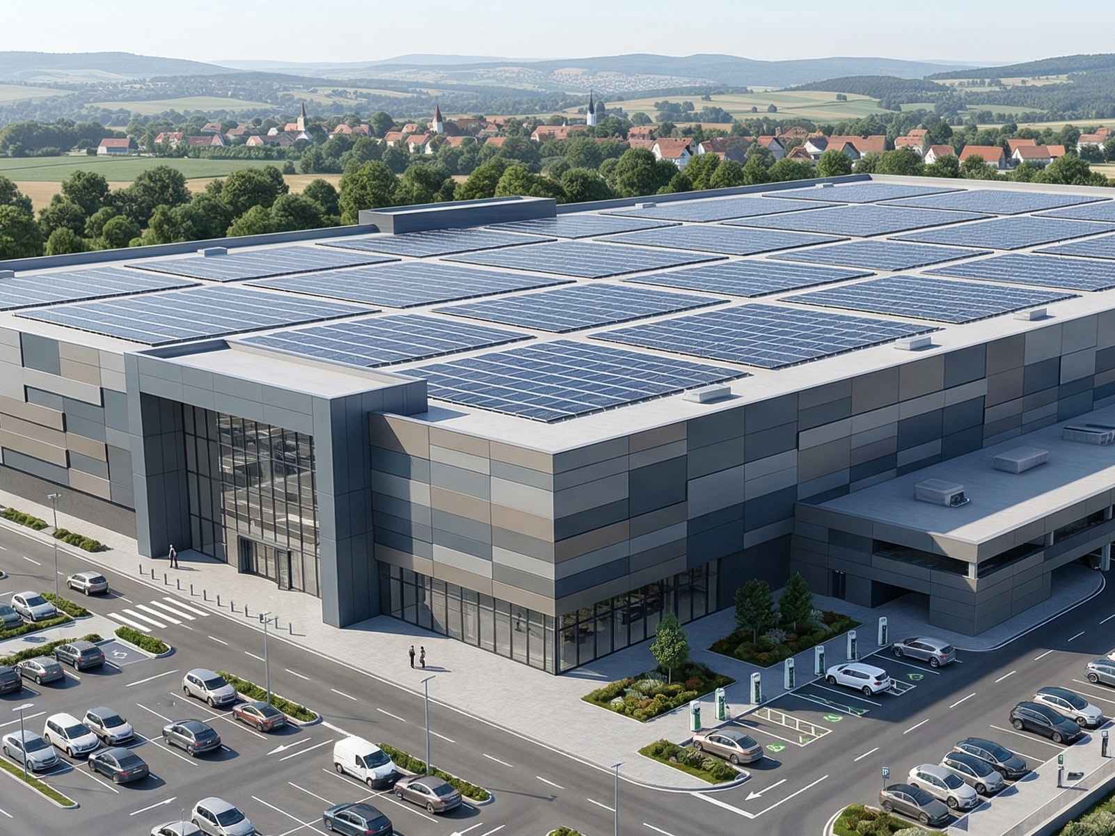 Solución de energía solar c&i a gran escala que incluye un centro comercial con paneles solares en el tejado.