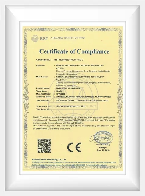 Certificado CE LVD para inversor solar híbrido serie SNADI NKW, número de certificado BST18051062910001Y.