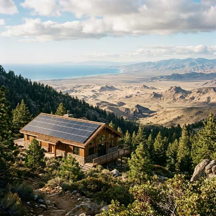 Una fotografía de alta resolución de una remota cabaña de madera en la montaña con un gran conjunto de paneles solares en el techo, con vista a un vasto valle desértico y al mar, que ilustra las soluciones a escala de servicios públicos de SNADI/SNAT Solar.
