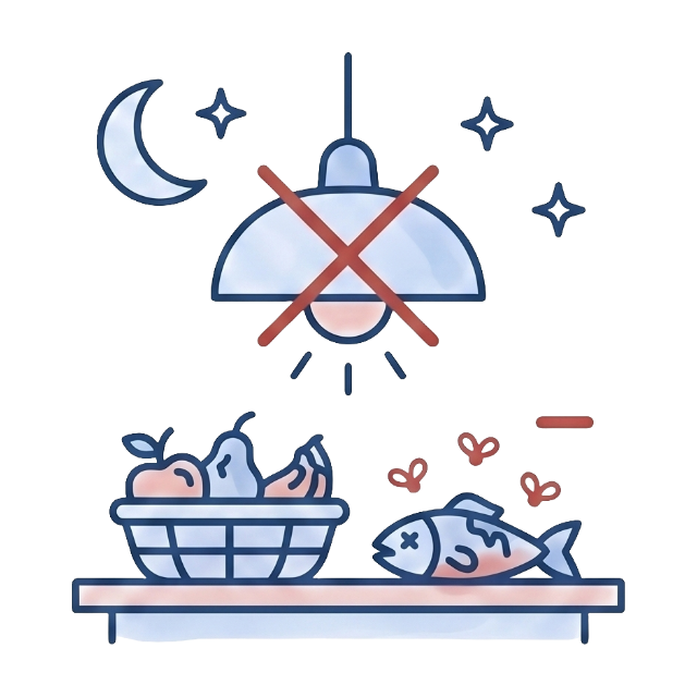 Ícono que representa un apagón nocturno con una lámpara tachada y comida en mal estado, destacando la necesidad de un almacenamiento confiable de baterías fuera de la red.