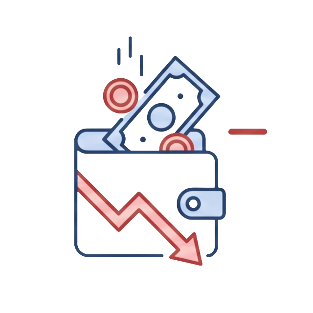Ícono de una billetera con dinero cayendo y una flecha hacia abajo, que simboliza la pérdida financiera por los altos costos de energía y facturas de servicios públicos.