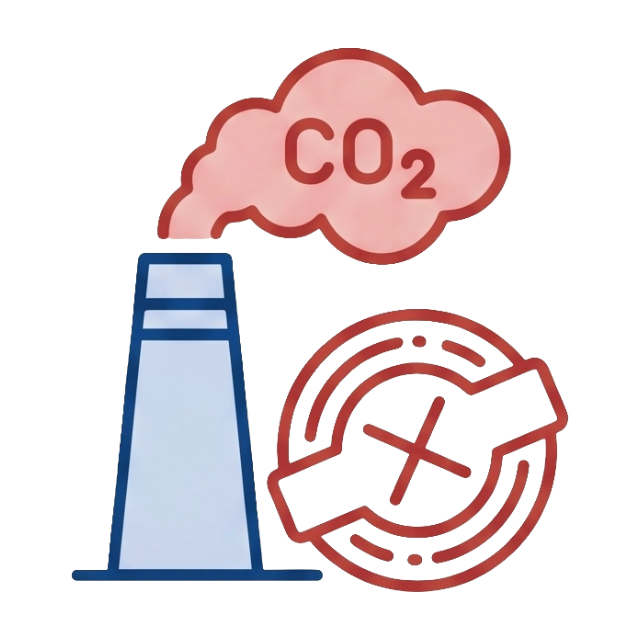 أيقونة تُظهر مدخنة مصنع تنبعث منها ثاني أكسيد الكربون مع ختم تنظيمي أحمر، يمثل ضرائب الكربون الصارمة وعقوبات عدم الامتثال.