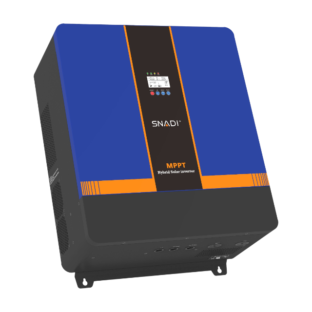 Bottom perspective of the SNADI NKM 8KW/10KW low frequency hybrid inverter showcasing AC/DC terminals and cooling intake.