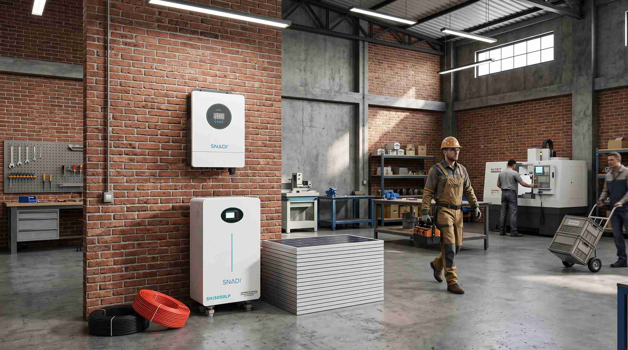 Interior del taller industrial con un inversor híbrido SNADI de 10 kW y una batería de almacenamiento de energía de 48 kWh para respaldar la maquinaria de fabricación y reducir los costos operativos.