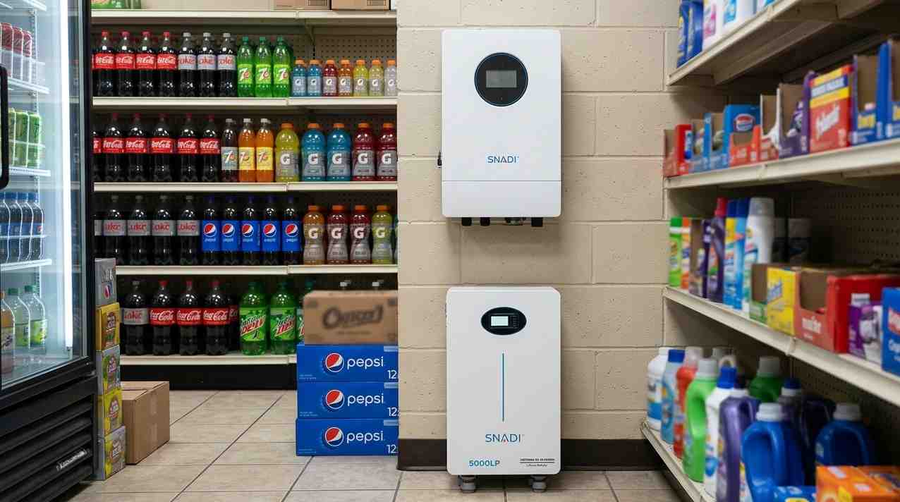 SNADI 5000LE 混合蓄电池和逆变器系统安装在商业商店公用设施区域，为汽水和清洁产品货架旁边提供备用电源。